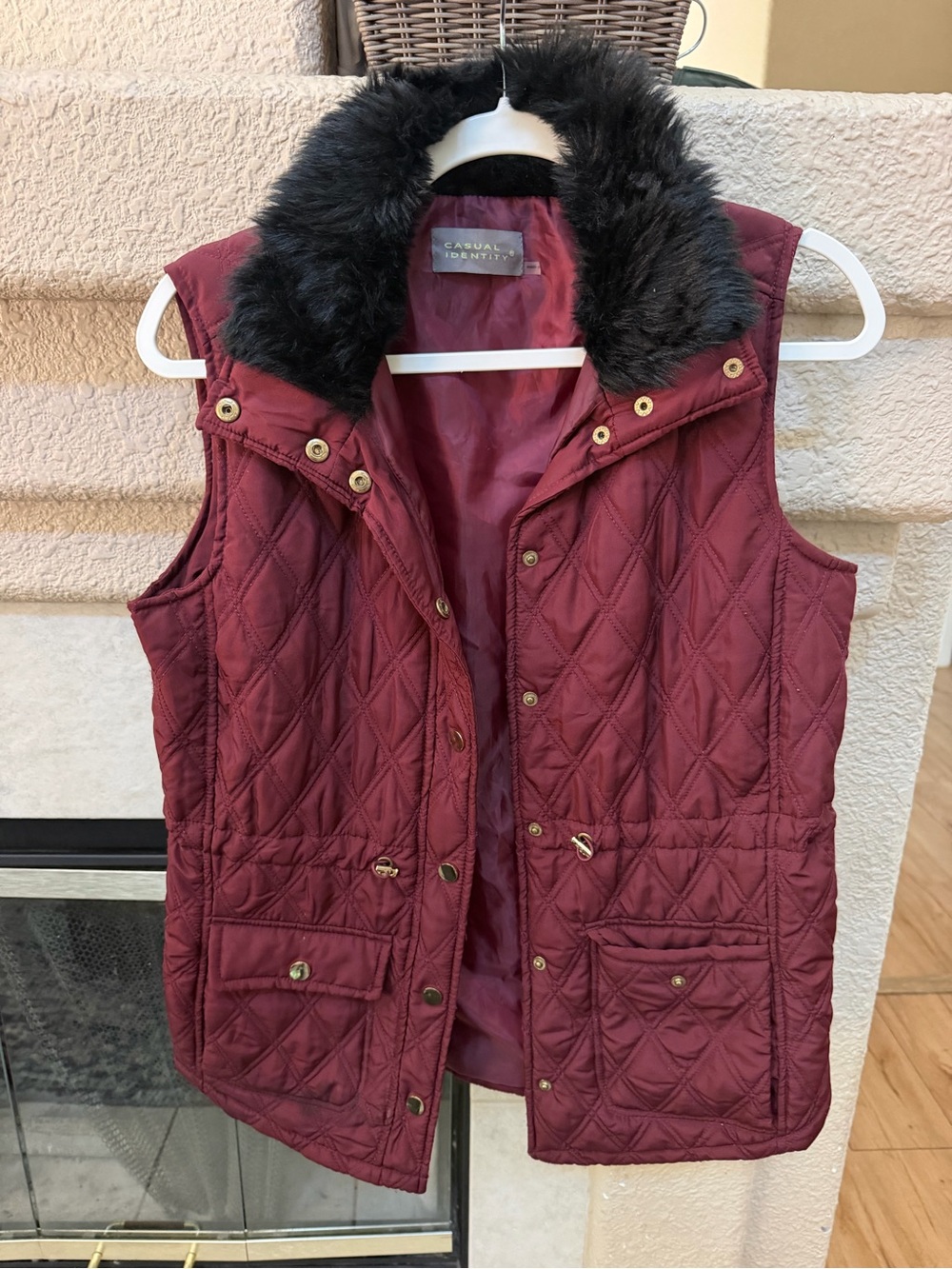 Women's Quilted Burgundy Vest with Faux Fur Collar